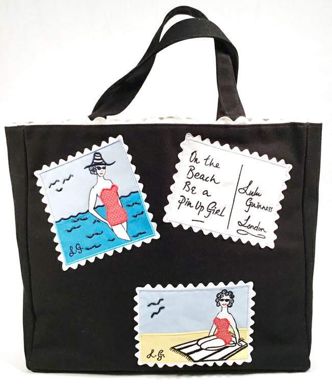 LULU GUINNESS Black Canvas Embroidered Pin Up Girl Postcard Tote
