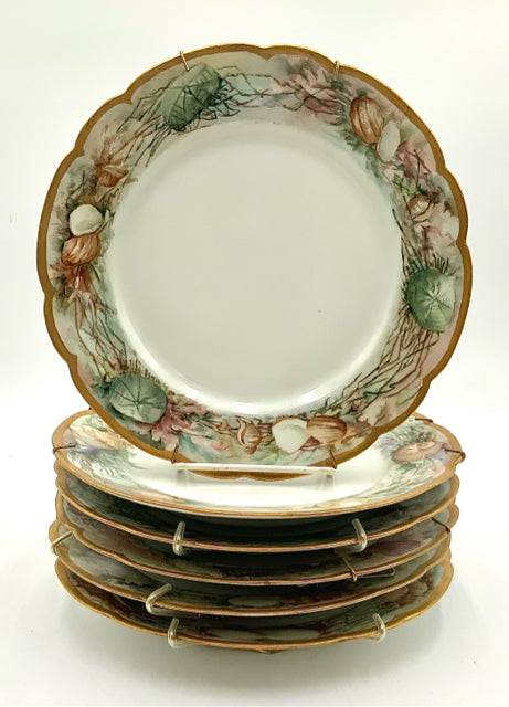 Set/6 Antique Limoges Handpainted Seashell Plates