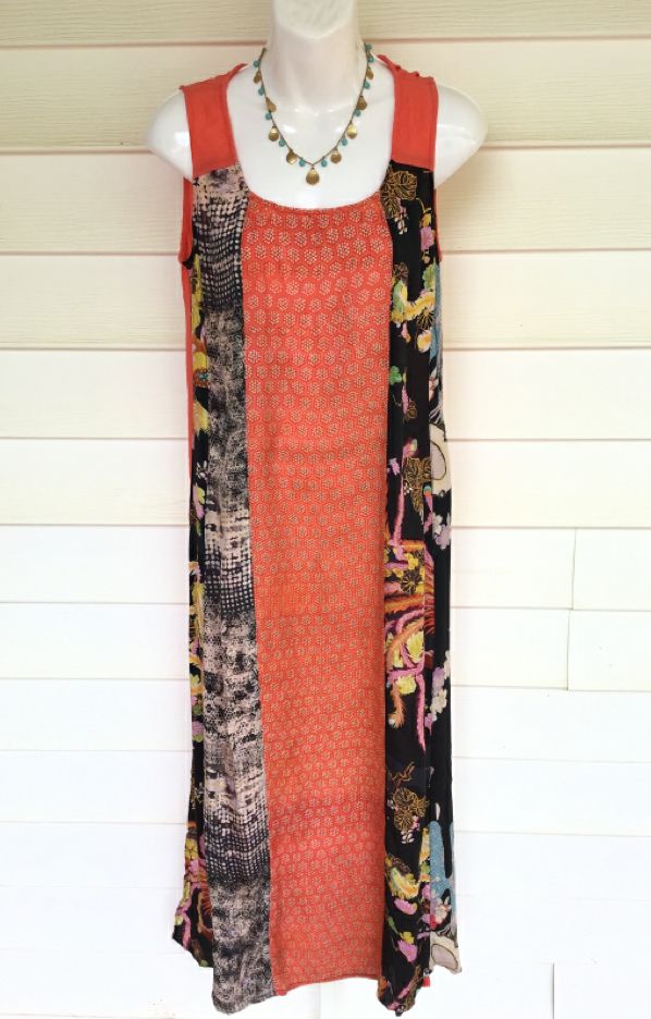 CITRON Coral Multi Floral Patchwork S/L Silk Maxi Dress