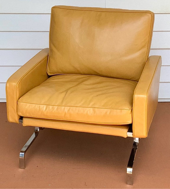 MCM Style Gold Leather Chair with Chrome Base