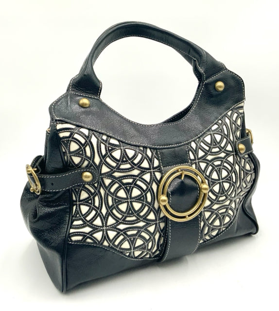 TRACEY REESE Black Cream Cutout Leather Medallion Satchel