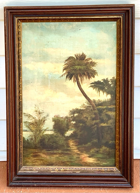 Antique Oil on Canvas of Palm Tree in Vintage Wood Frame