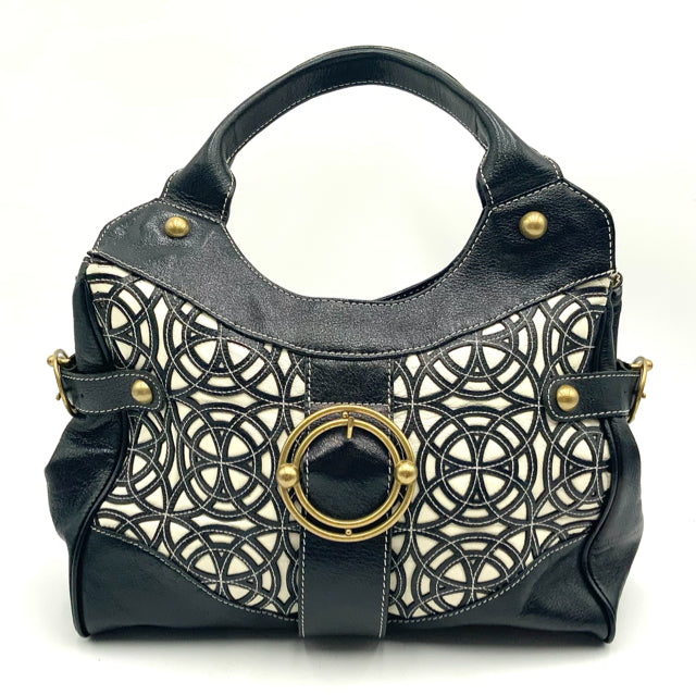 TRACEY REESE Black Cream Cutout Leather Medallion Satchel