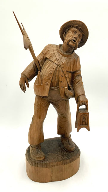 Hand Carved German Wood Statue of Man with Lantern