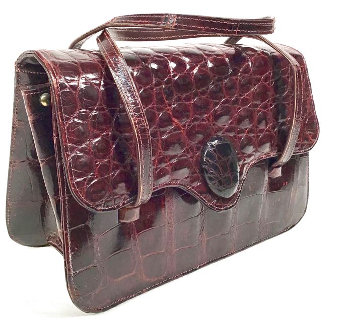 Vintage Brown AlligatorDouble Handle Flap Bag AS IS