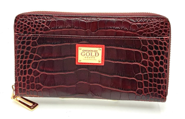 COCOCELUX GOLD Wine Croc Embossed Leather Zip Around Wallet