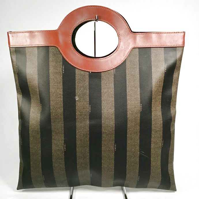 FENDI Vintage Pequin Stripe Brown Leather Handle Flat Tote