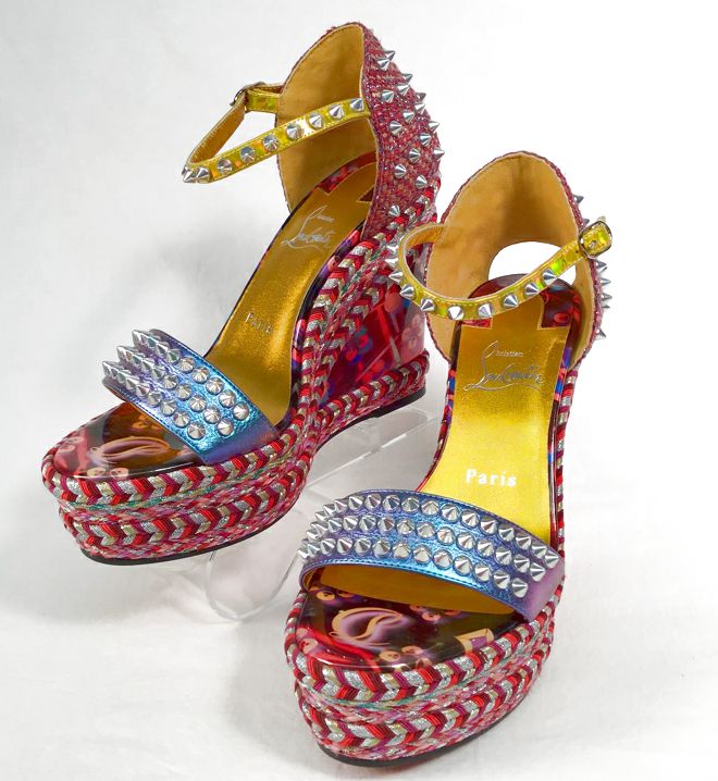 CHRISTIAN LOUBOUTIN Multi Color Spike Stud Madmonica Wedge Sandals 37