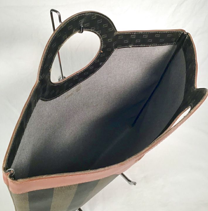 FENDI Vintage Pequin Stripe Brown Leather Handle Flat Tote