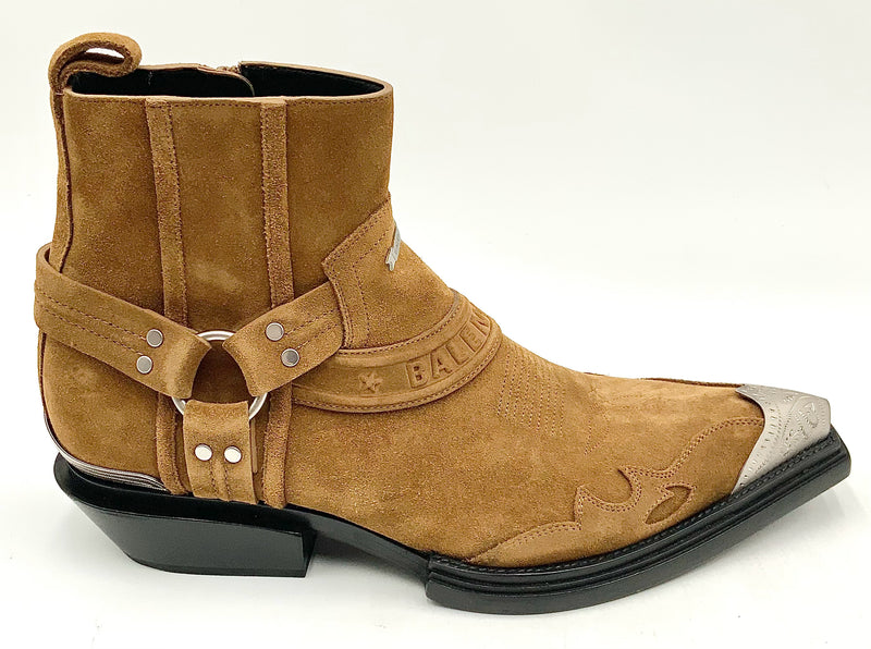 Balenciaga Tan Suede Silvertone Etched Toe Santiago Cowboy Boots 10