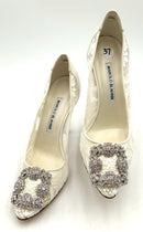 MANOLO BLAHNIK Ivory Silk Satin Lace Embellished  Buckle Pointed Toe Pumps 37