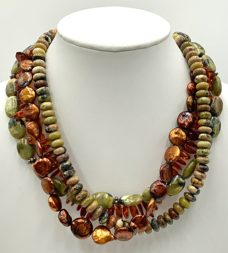 Sterling, Amber, Coin Pearl & Jasper Multi-Strand Necklace