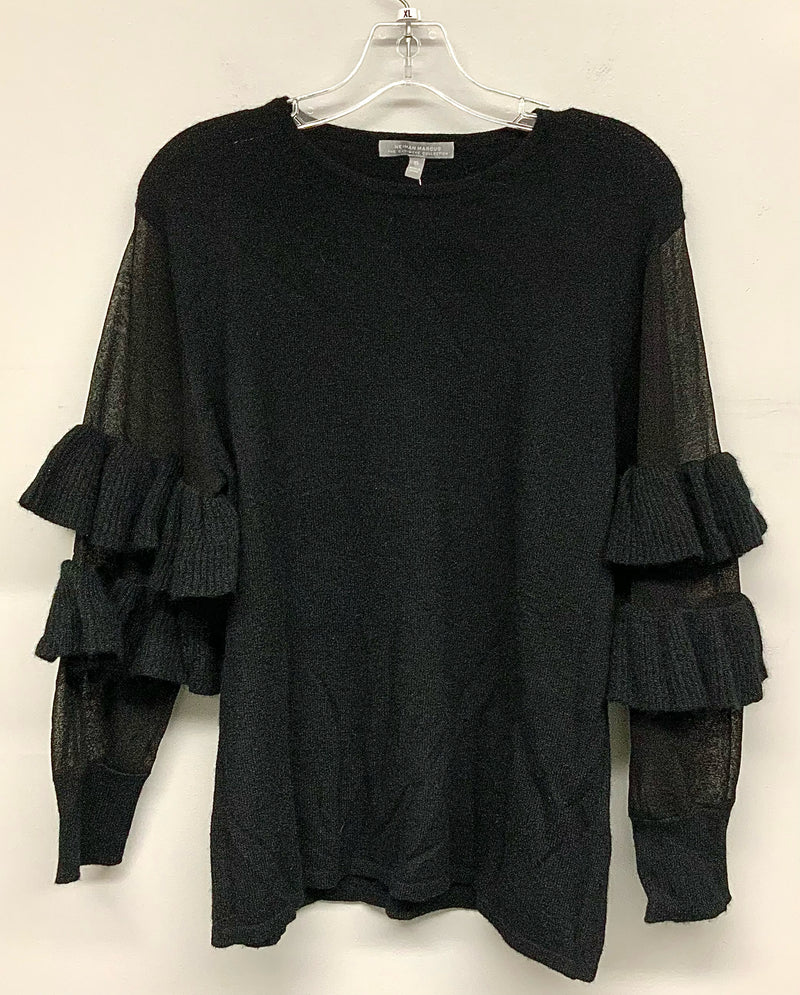 NEIMAN MARCUS Black Cashmere Ruffe Slv Sheer L/S Sweater