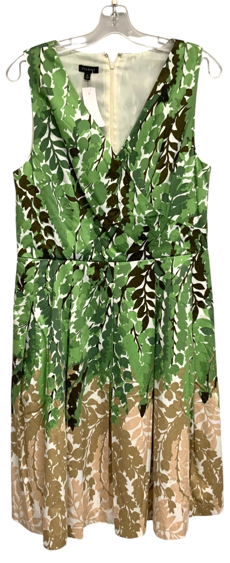 TALBOTS Green/White/Brown Leaf Print V-Neck Pleated S/L Dress