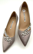 MANOLO BLAHNIK Taupe Satin Rhinestone Cutout Pointed Nadira Pumps 37