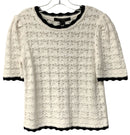 FRENCH CONNECTION White Textured Knit w/Navy Scalloped Trim S/S Sweater