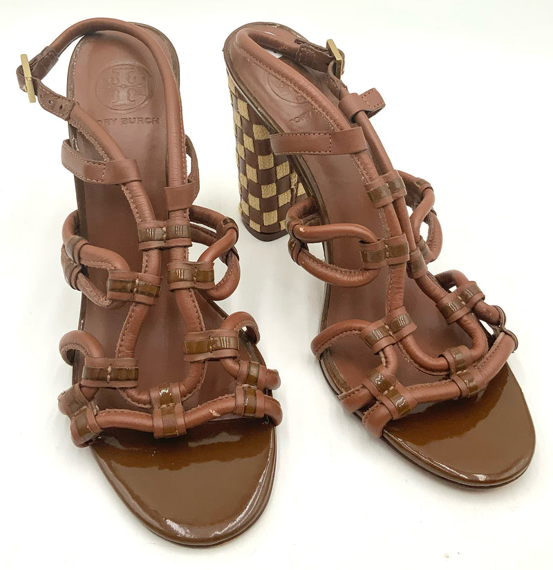 TORY BURCH Brown Leather Woven Canvas Layce Sandals 9M
