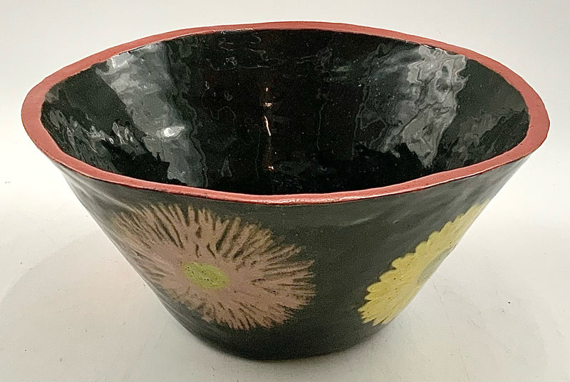 Handmade Black Pottery Bowl with Daisy Motif