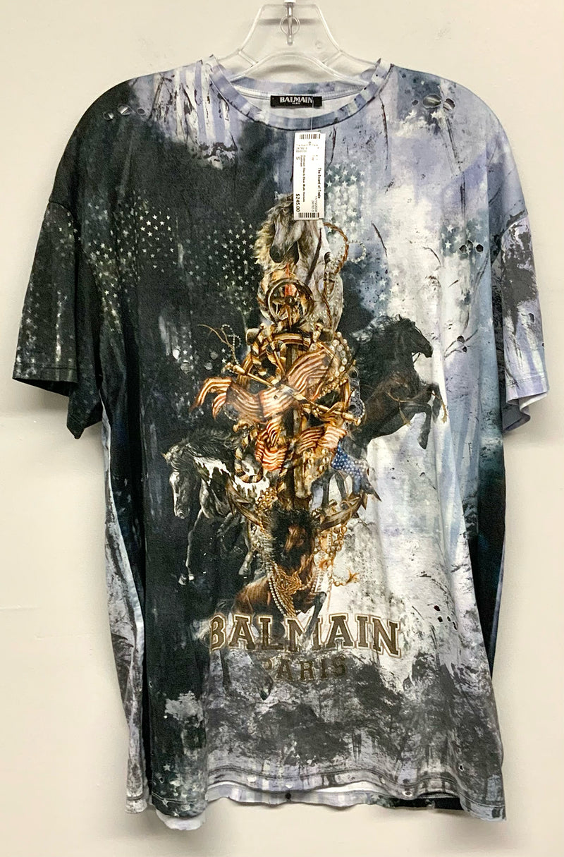 Balmain Black Blue Multi Horses Distressed S/S Tee