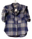 PILCRO Blue Orange White Plaid Puff Slv B/D Top