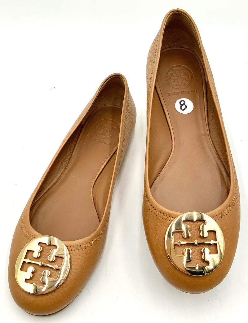 TORY BURCH Tan Leather Goldtone Logo Flats 8