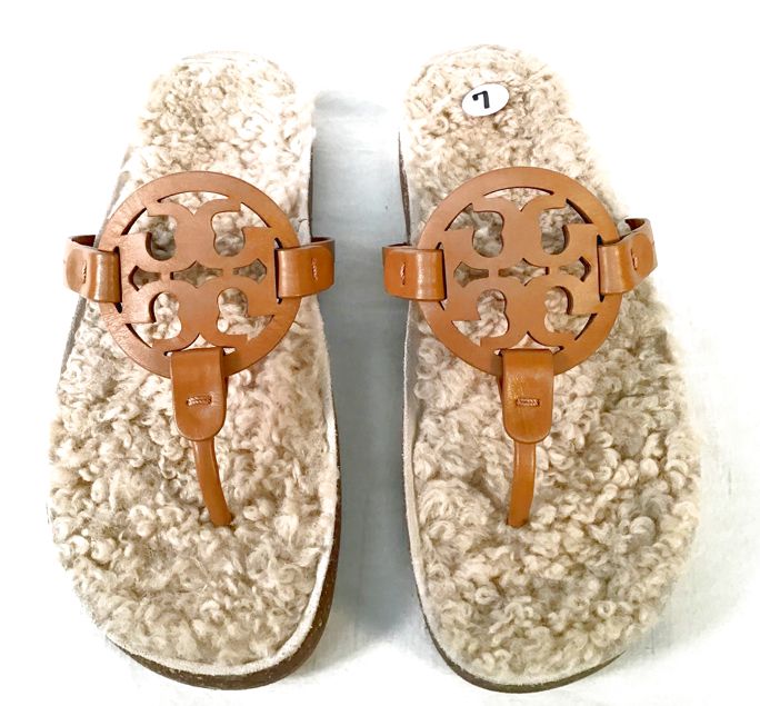 TORY BURCH Tan Leather Shearling Miller Cloud Sandals 7