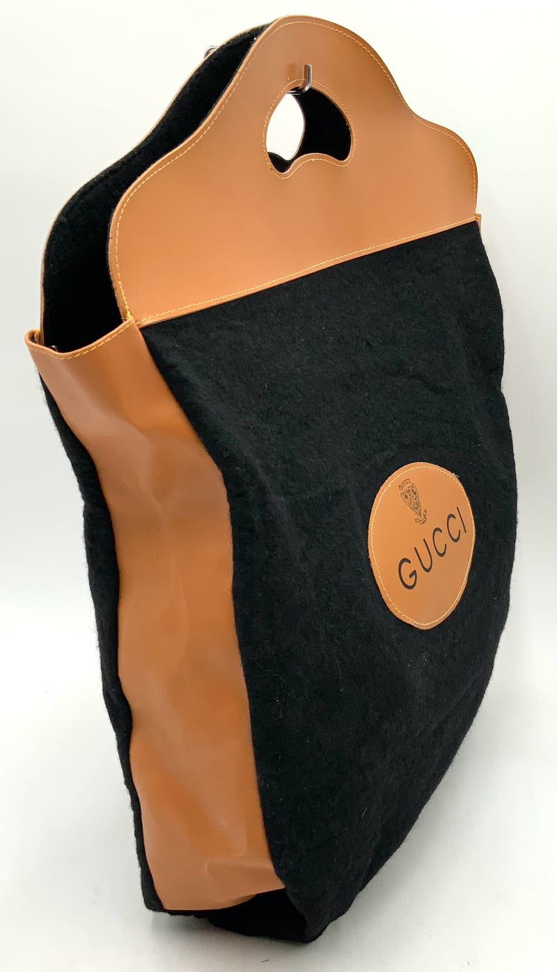 GUCCI Vintage Tan Faux Leather Black Rayon Wool Logo Tote