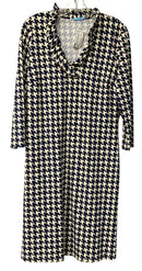 J MCLAUGHLIN Navy/Cream Houndstooth Ruffle Split Neck 3/4 Sleeve Dress