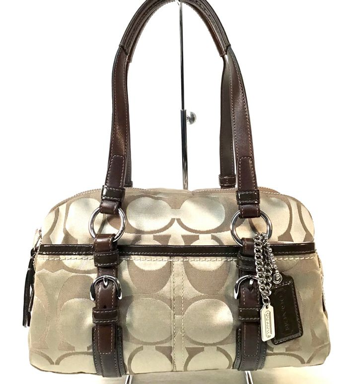 COACH Vintage Gold Signature Fabric Brown Leather Satchel