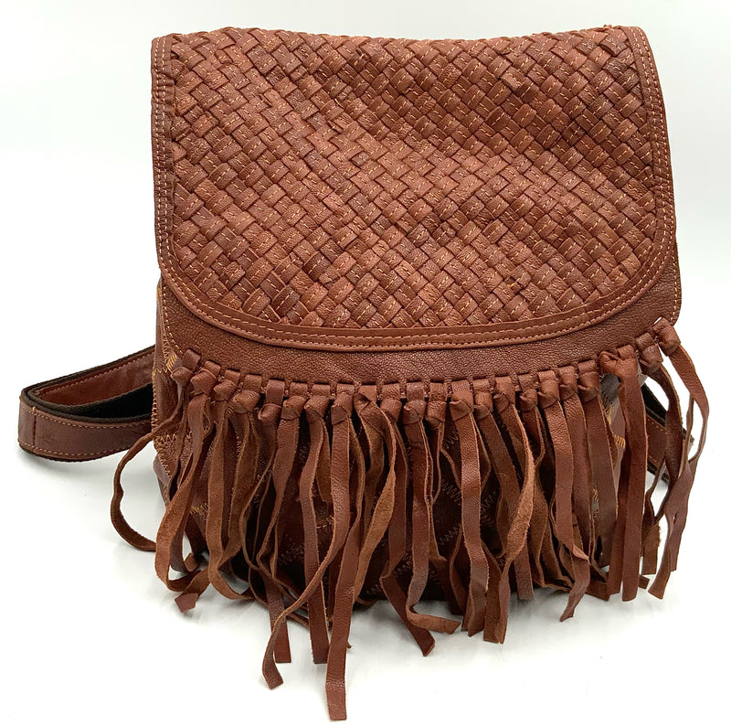 AMERILEATHER Brown Woven Leather Fringe Backpack