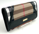 BURBERRY Black Leather Tan Check Fabric Bifold Wallet