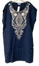 DAVID JEFFREY Navy w/White Embroid Cap Sleeve Linen Shift Dress