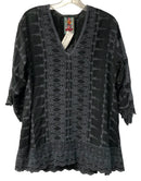 JOHNNY WAS Black w/Grey Floral Embroid V-Neck 3/4 Sleeve Top