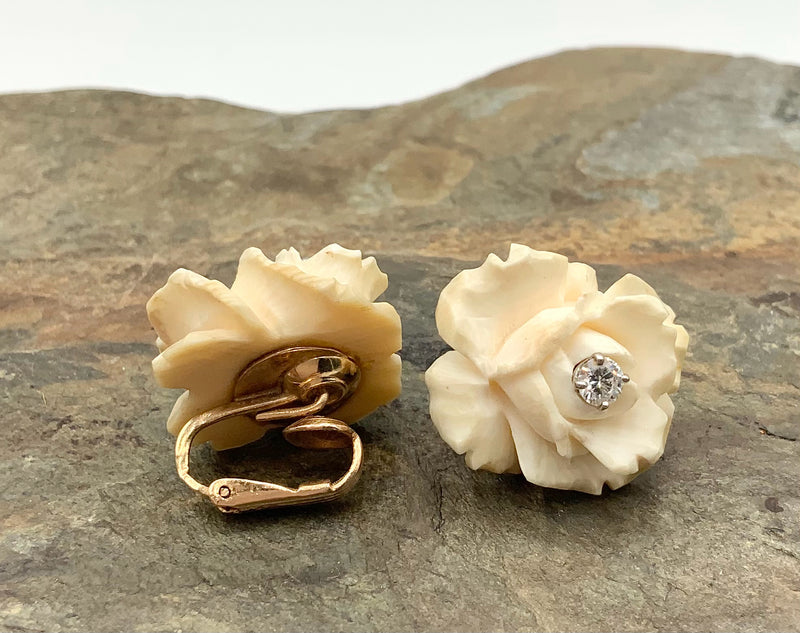 14kt Gold, Diamond & Carved Bone Clip-On Earrings