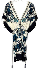 FARM RIO Blue/Teal/White "Tropical Tiles" V-Neck Drawstring Waist Dress