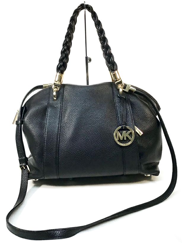 MICHAEL KORS Black Pebbled Leather Braided Strap Naomi Satchel