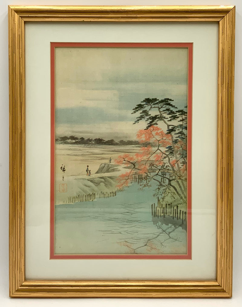 Pair of Asian Watercolor Style Prints in Gold Frames