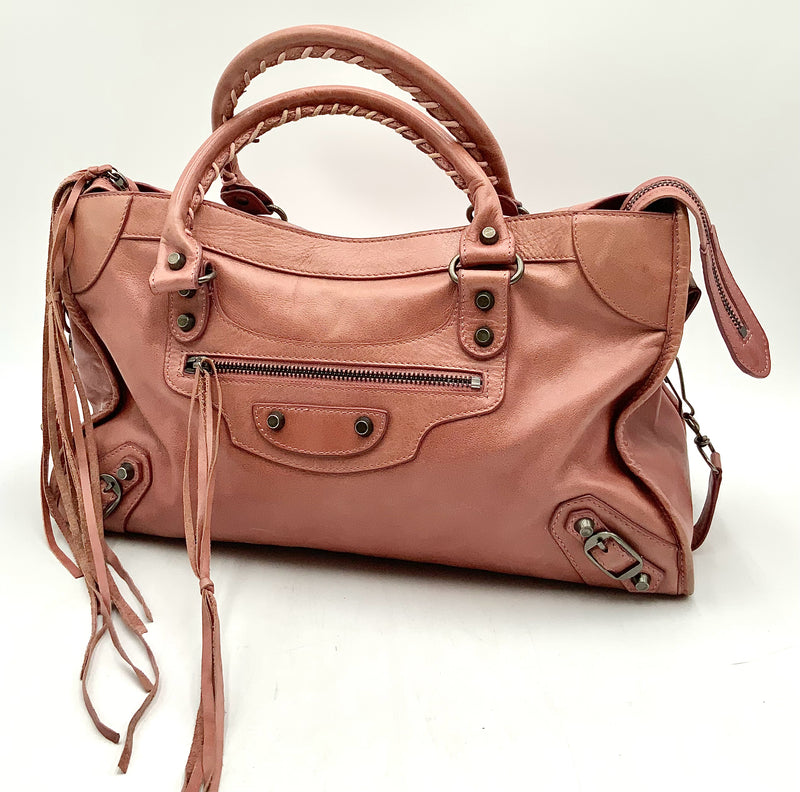 Balenciaga Dusty Rose Leather Motocross City Handbag