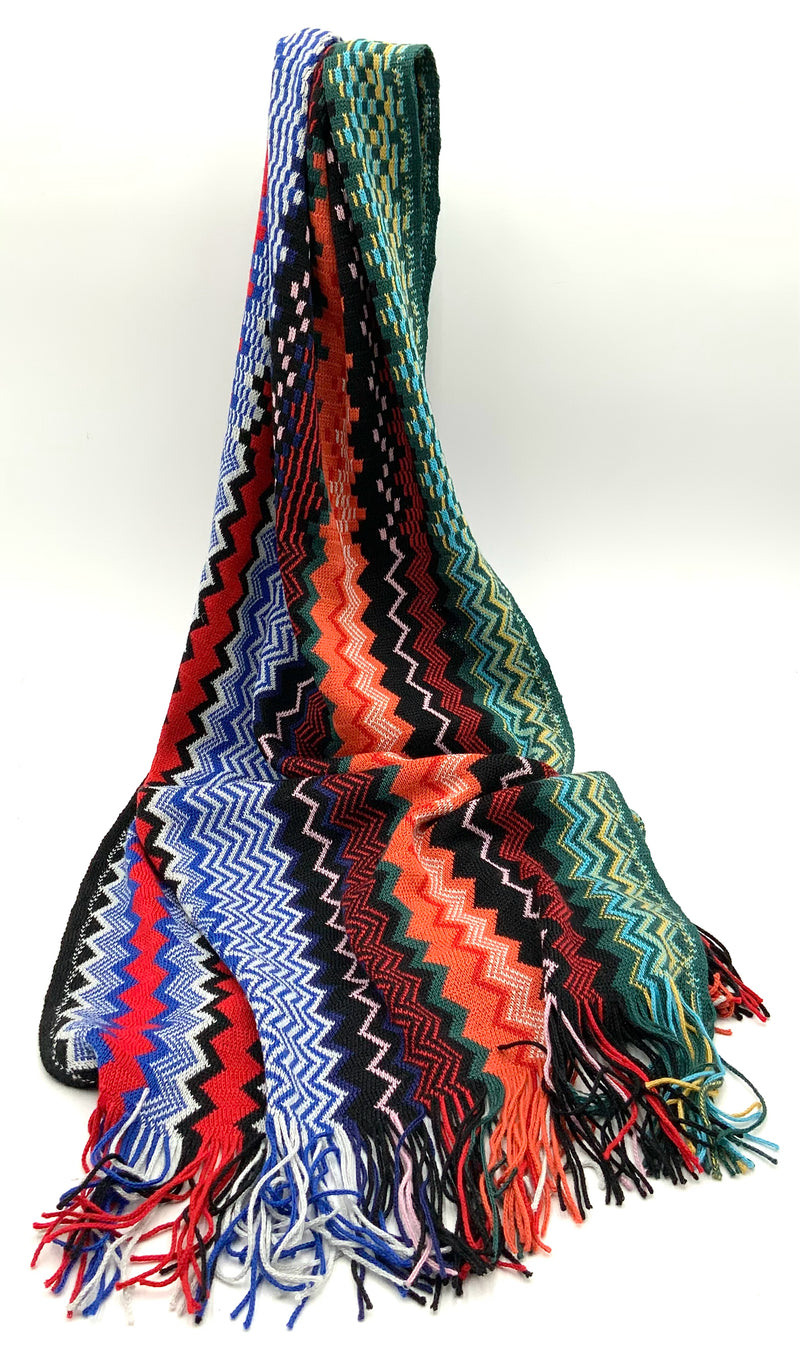 MISSONI Italy Black Multi Chevron Knitted Wool & Acrylic Fringed Scarf