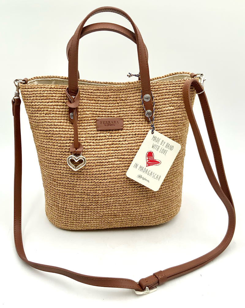 BRIGHTON FERRARA Natural/Blue Woven Raffia Brown Leather Trim Palmeria Tote Bag