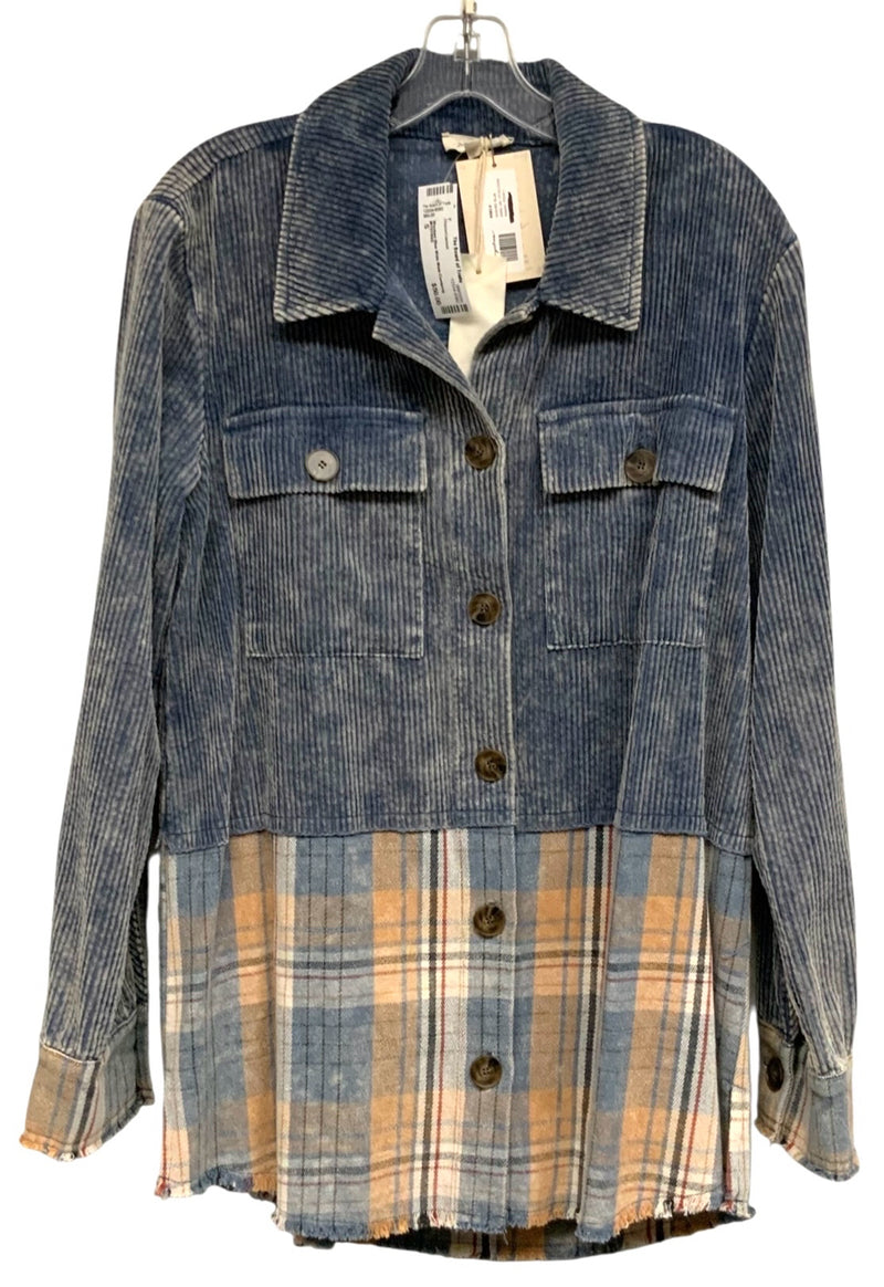 MYSTREE Washed Blue Wide Wale Corderoy w/Multi Plaid Detail L/S B/D Jacket