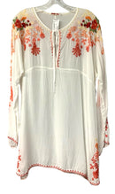 JOHNNY WAS White w/Peach & Coral Floral Emboid Tie Neck L/S Dress