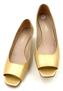 CHANEL Gold Patent Leather Low Heel Open Toe Pumps 9C