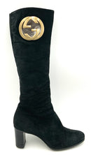 GUCCI Black Suede GG Cutout Slim Calf Knee High Boots 7