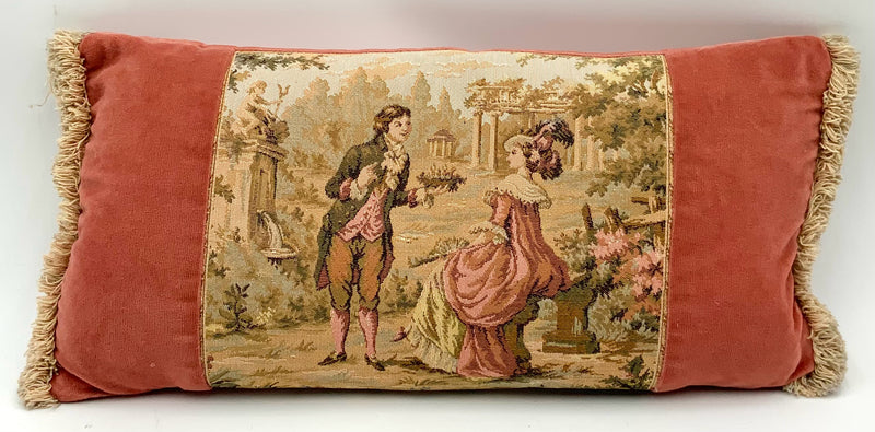 Lumbar Pillow, Pink Velvet, Figural Tapestry Scene, 17"wx8.5"h