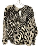 JOHNNY WAS Black//Cream Abstract Faux Wrap L/S Silk Top