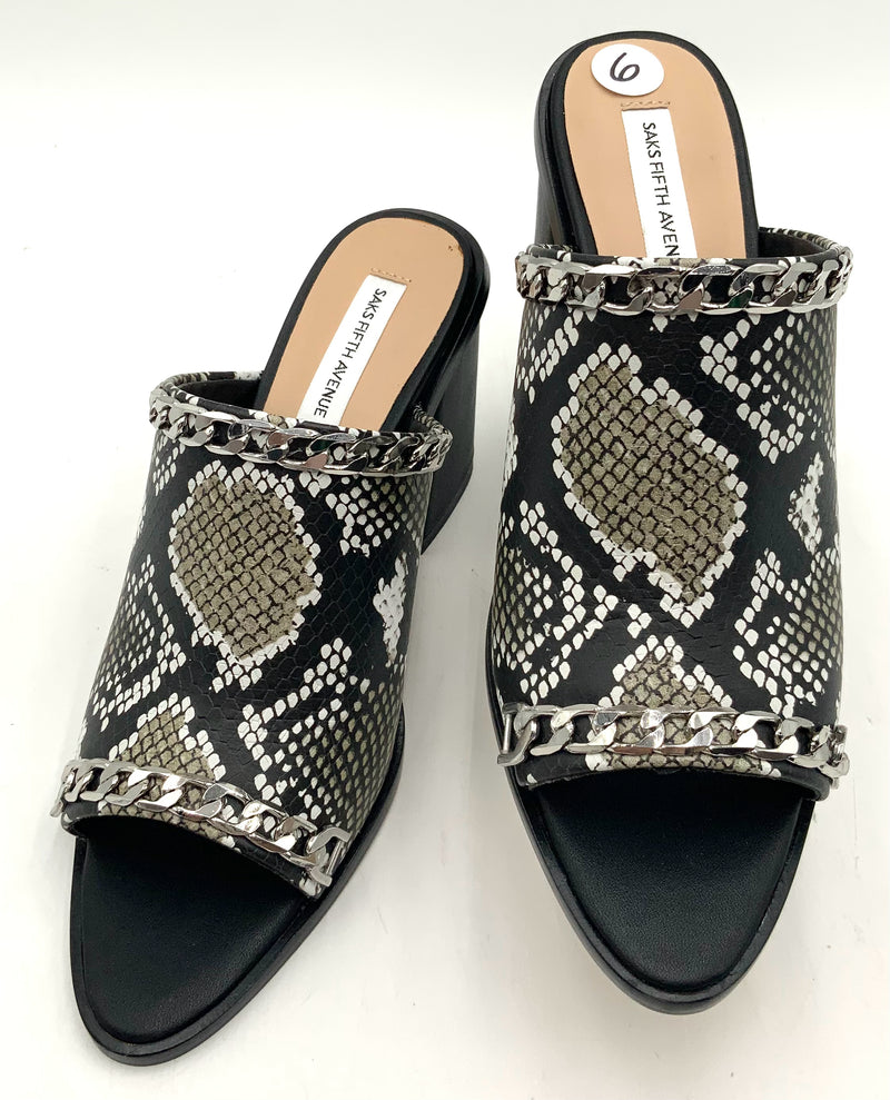 SAKS FIFTH AVENUE Black Taupe Snake Print Chain Accent Charlotte Sandals 6