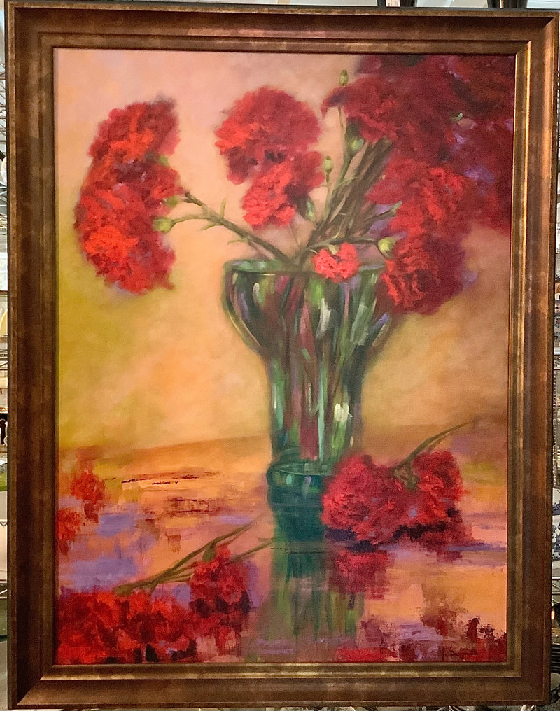 Linda Dragonette Oil on Canvas of Red Flowers in Vase