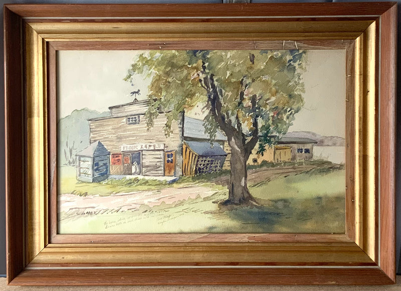 Vintage 1944 Watercolor of Feed Store in Wood Frame