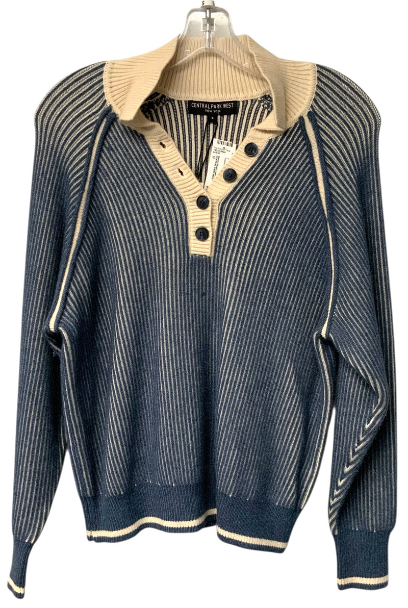 CENTRAL PARK WEST Denim Blue/Cream Stripe V-Neck L/S Sweater